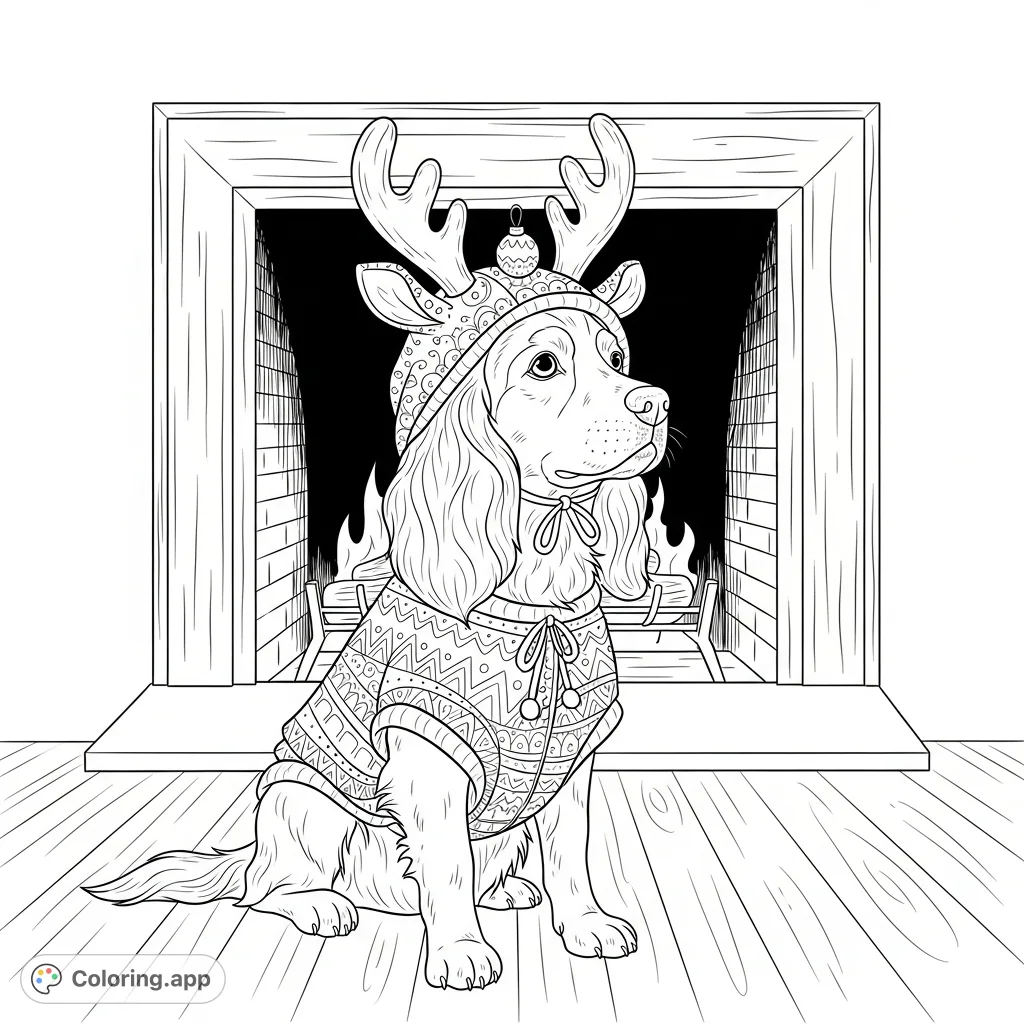 A delightful spaniel-like dog in an intricately textured reindeer costume, sitting by a warm fireplace on a polished wooden floor. Perfect for a cozy coloring session!