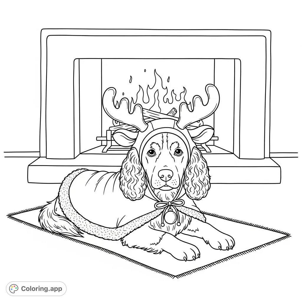 A delightful spaniel in a reindeer costume, relaxing on a rug by a fireplace. This charming free printable coloring page is perfect for animal lovers.