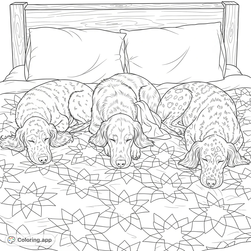 A heartwarming scene featuring three deeply sleeping dogs curled up on a bed with a detailed geometric quilt. Perfect for relaxation and creative expression.