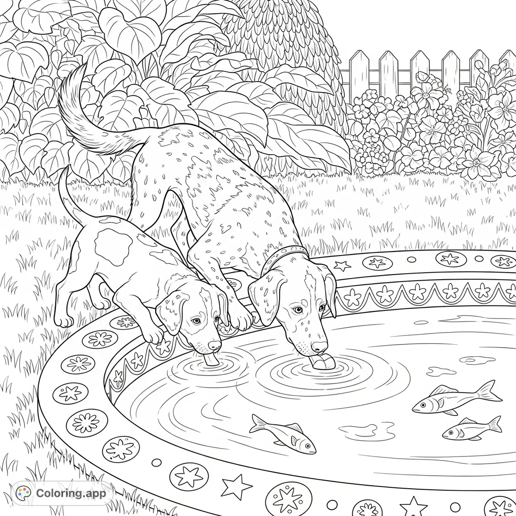 Two adorable dogs, one speckled, one patched, curiously investigate a floating object in an oval pool within a grassy yard. Features decorative patterns and foliage.