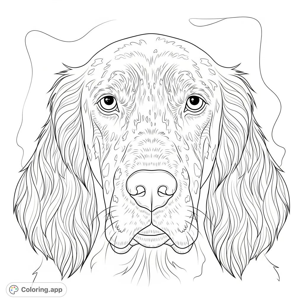 A detailed dog head coloring page featuring long floppy ears, intricate fur textures, and unique facial markings. Perfect for animal lovers to personalize.