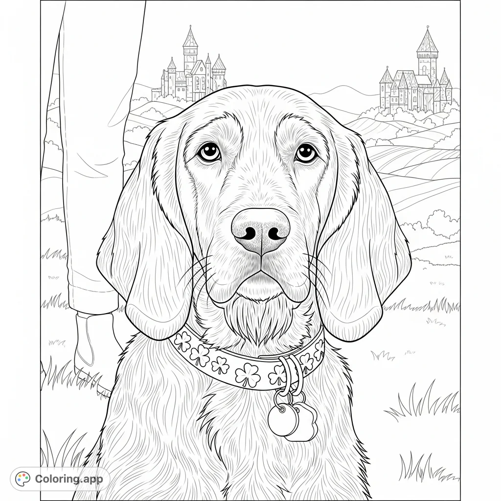 A highly detailed dog portrait with shaggy fur, paw print collar, and a backdrop of majestic castles on rolling hills, offering an intricate coloring experience.