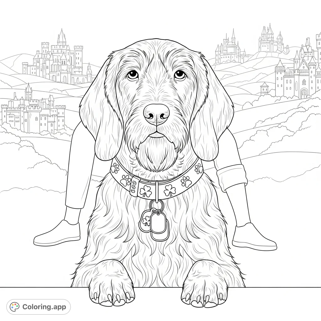 A distinguished dog with shaggy fur and a paw-print collar looks forward, with a blurred person and detailed castles on distant hills in the background.