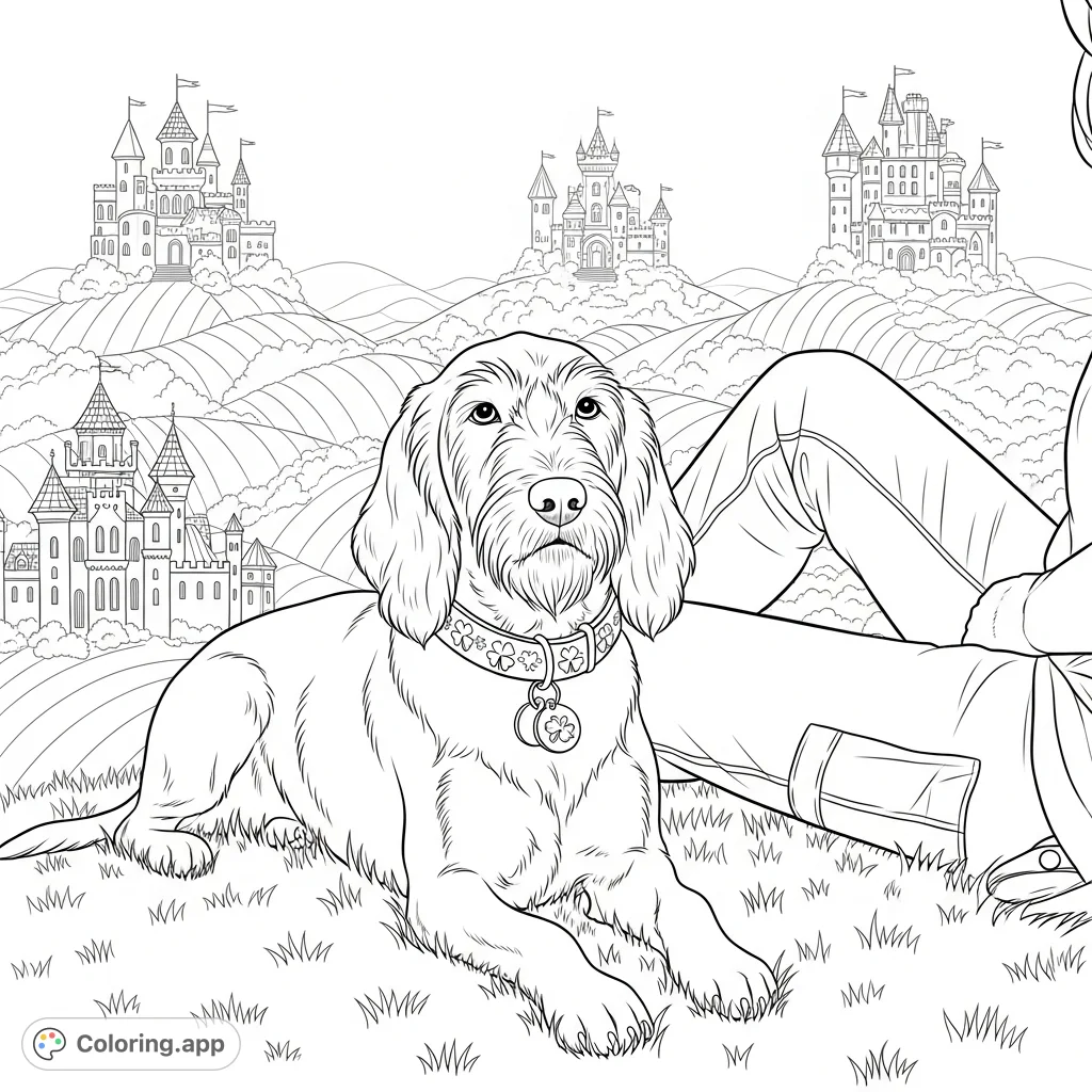 A distinguished dog rests on a grassy knoll, watching forward with a person seated behind. Ornate castles crown rolling hills in a detailed fantasy landscape.