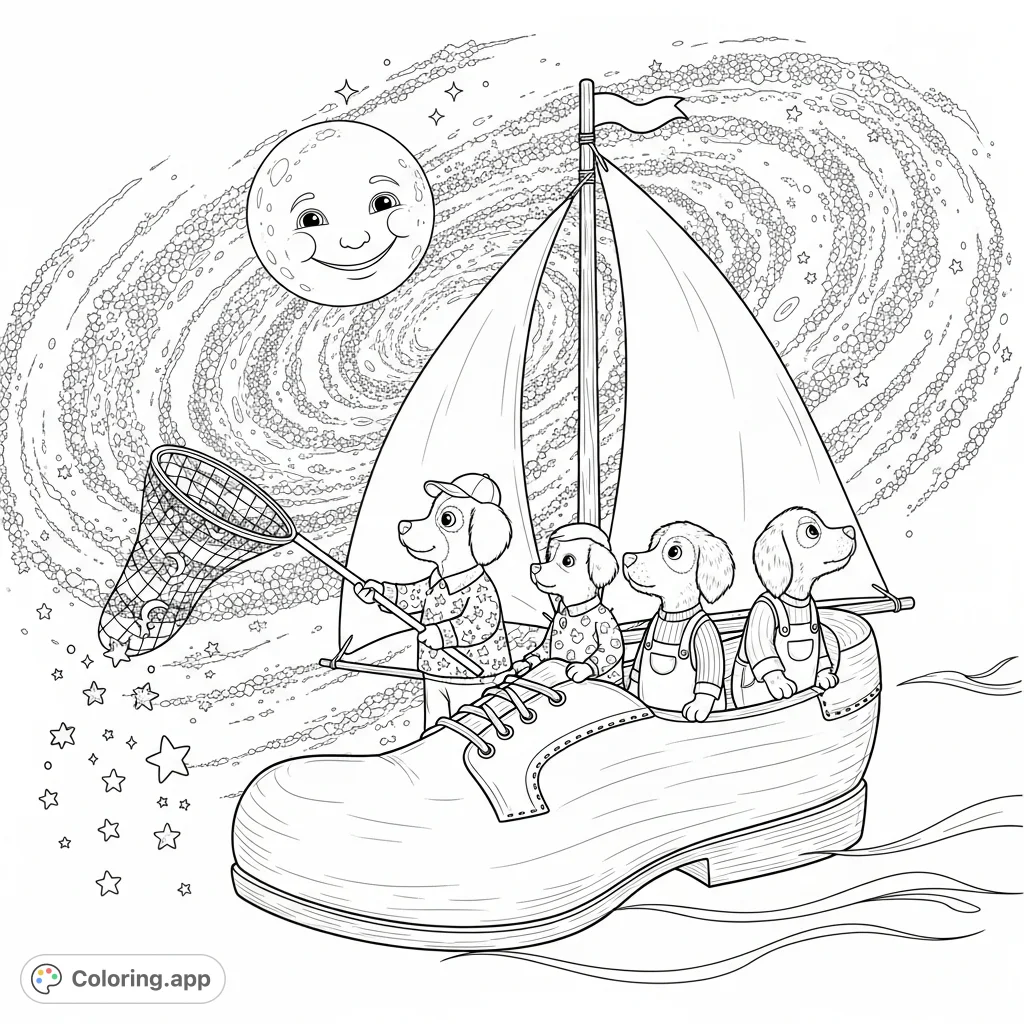 Embark on an imaginative journey with three charming dogs in a whimsical sailboat shoe, floating through a star-filled night sky with a smiling moon.