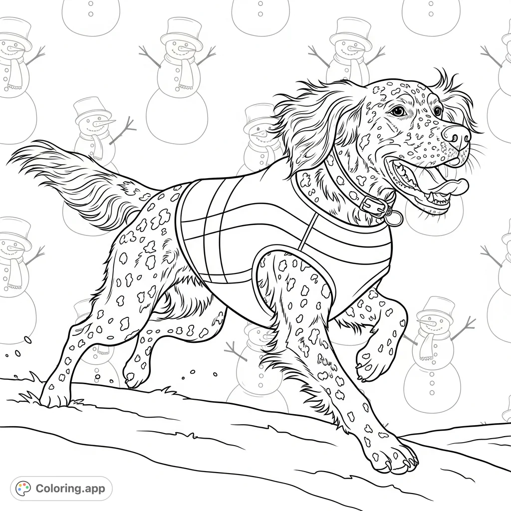 An energetic spotted dog mid-leap, showcasing a joyful expression and a striped vest, ready for an adventure. Perfect for all dog lovers!