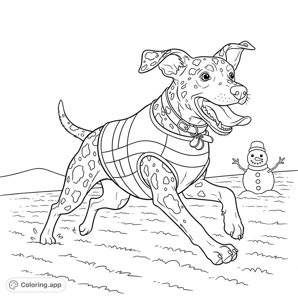Capture the exhilaration of a spotted dog in full stride with this dynamic coloring page, featuring intricate spots and a striped vest.