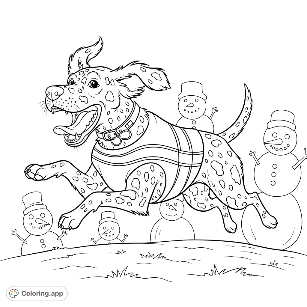 Capture the playful energy of a spirited spotted dog in full stride! This dynamic coloring page features a happy canine with a striped vest, perfect for animal lovers.