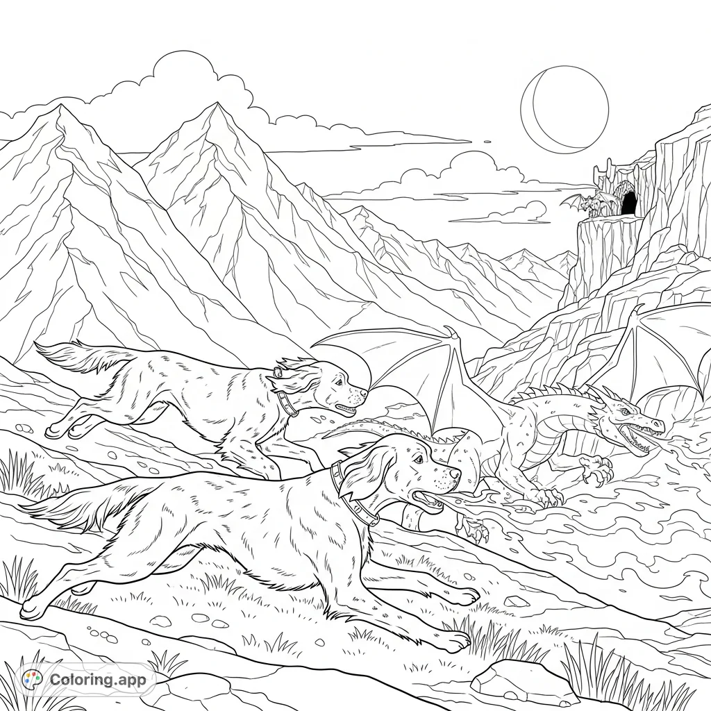 A dynamic fantasy coloring page featuring two English setter dogs in pursuit of a fire-breathing dragon across a rugged, snow-dusted landscape.