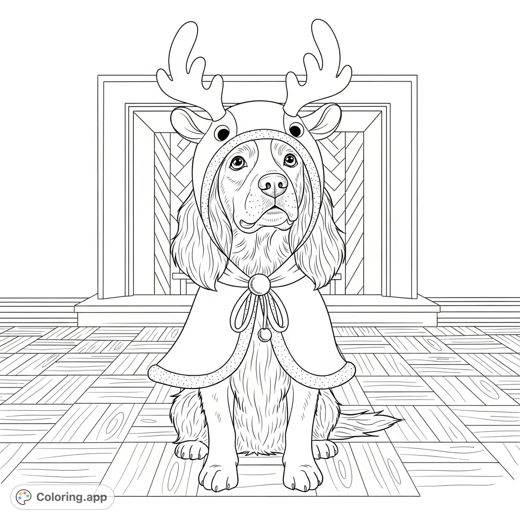 A charming spaniel-like dog in a festive reindeer costume sits on a wooden floor, with a grand fireplace in the background, perfect for holiday coloring.