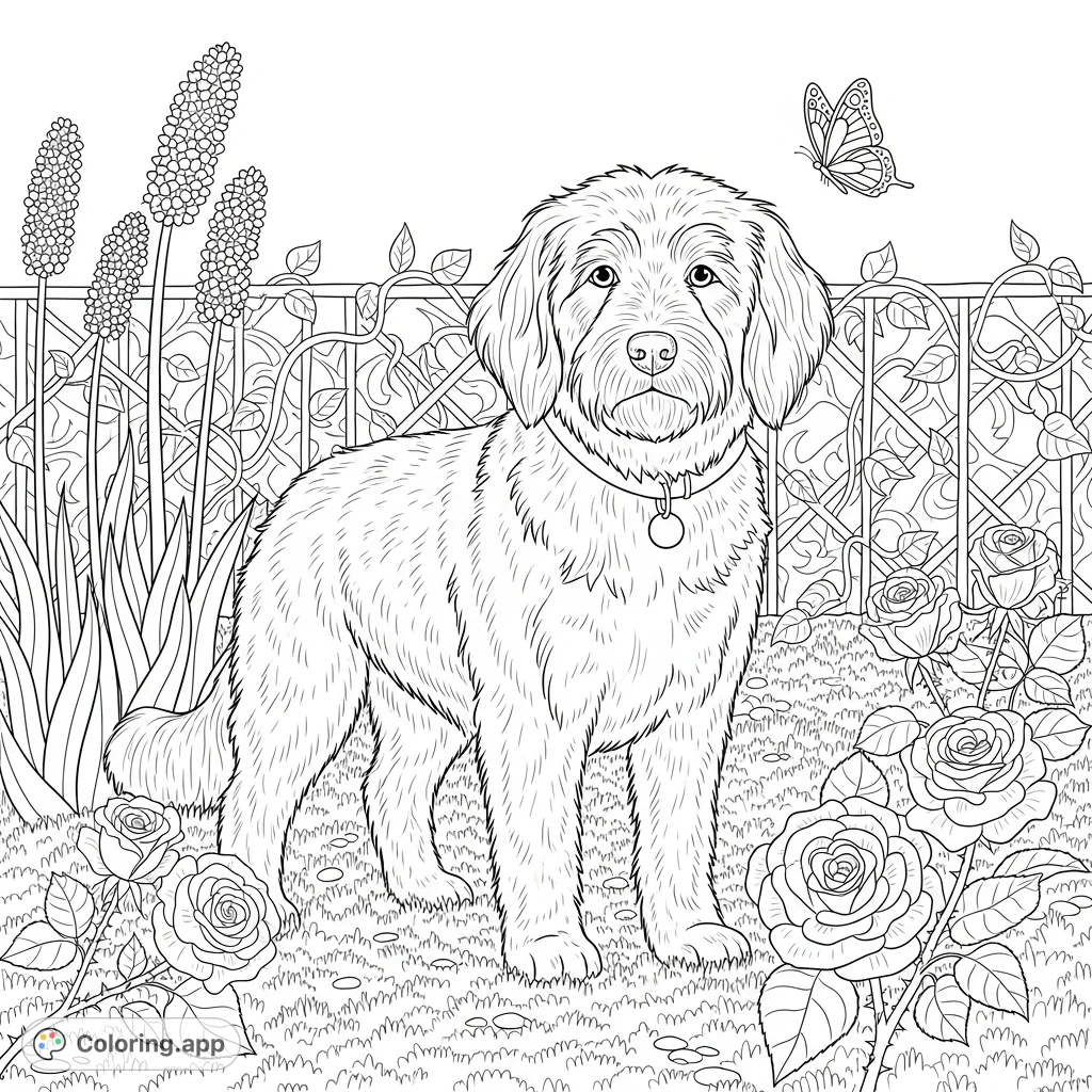 A charming fluffy canine stands amid textured grass and elegant plant stalks, set against a patterned fence with lush intertwining vines and leaves.