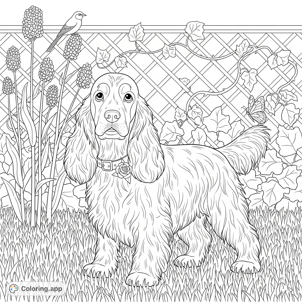 Discover a charming fluffy canine standing amidst a detailed garden scene with a textured lattice fence and lush plants, perfect for all ages.