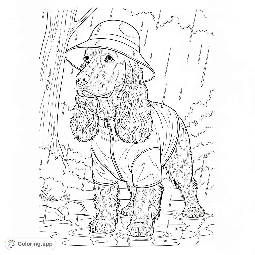 A charming fluffy dog in a hat and jacket, standing on a patterned rug before elegant furniture. A delightful scene for animal lovers of all ages to color and enjoy.
