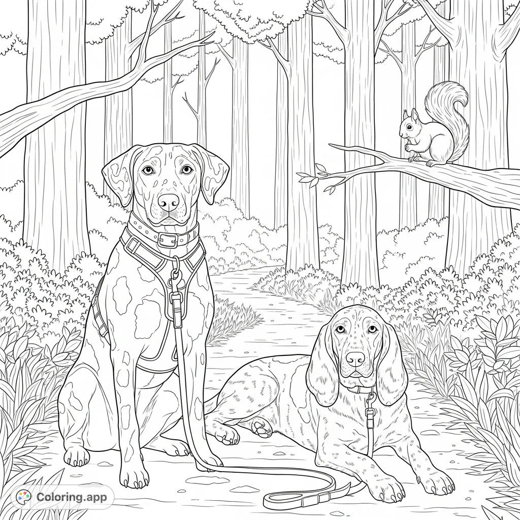 Discover a charming free printable forest path coloring page featuring two friendly canines amidst dense trees and undergrowth. Perfect for animal lovers!