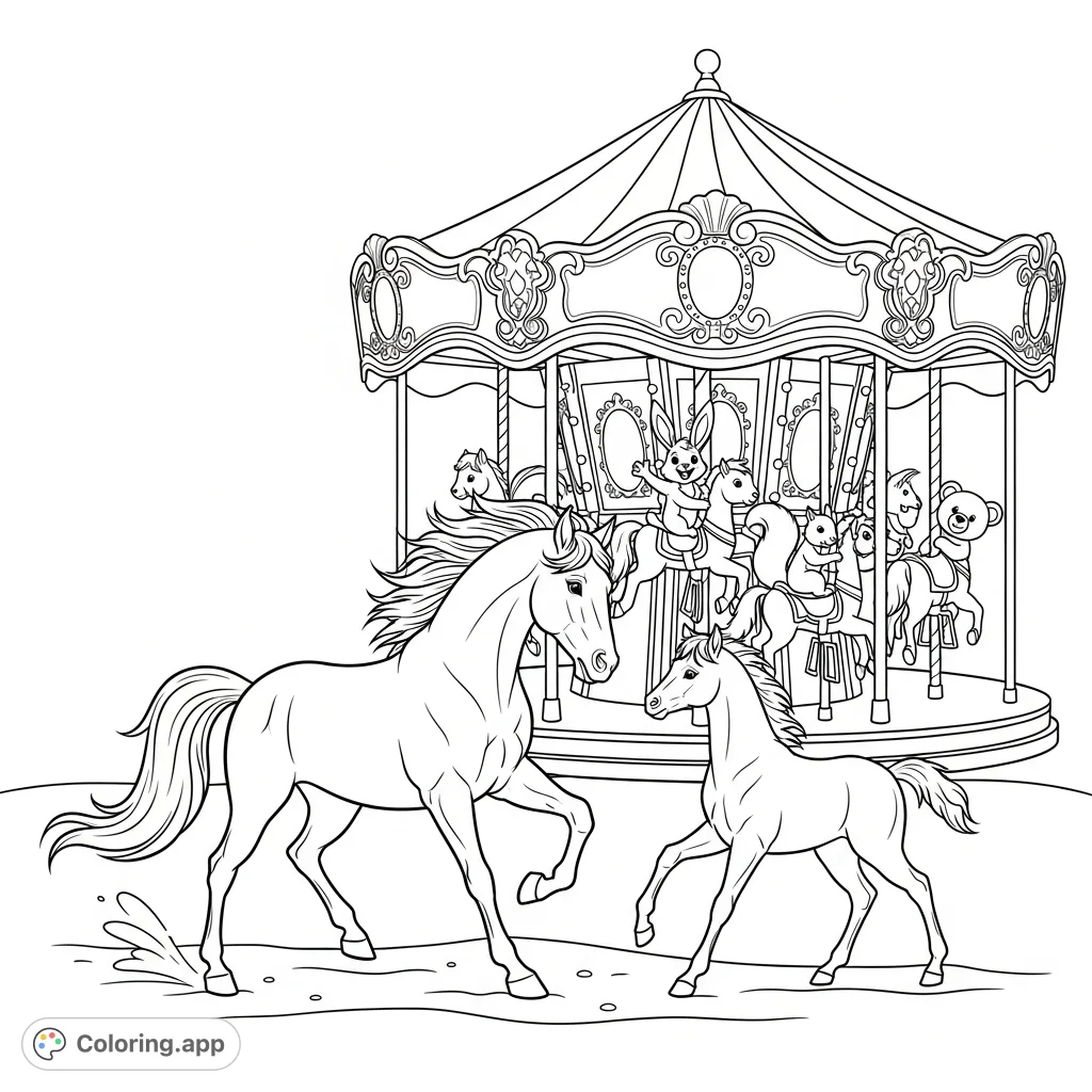 Experience shared joy with two majestic equines mid-gallop beside a whimsical carousel, featuring playful rabbit, squirrel, and bear characters. A delightful scene!