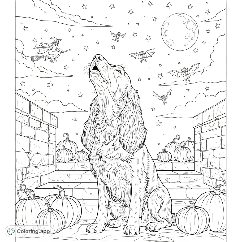 An enchanting Halloween scene featuring a howling Spaniel on ancient castle steps, surrounded by pumpkins under a starry night with witches and vampires.