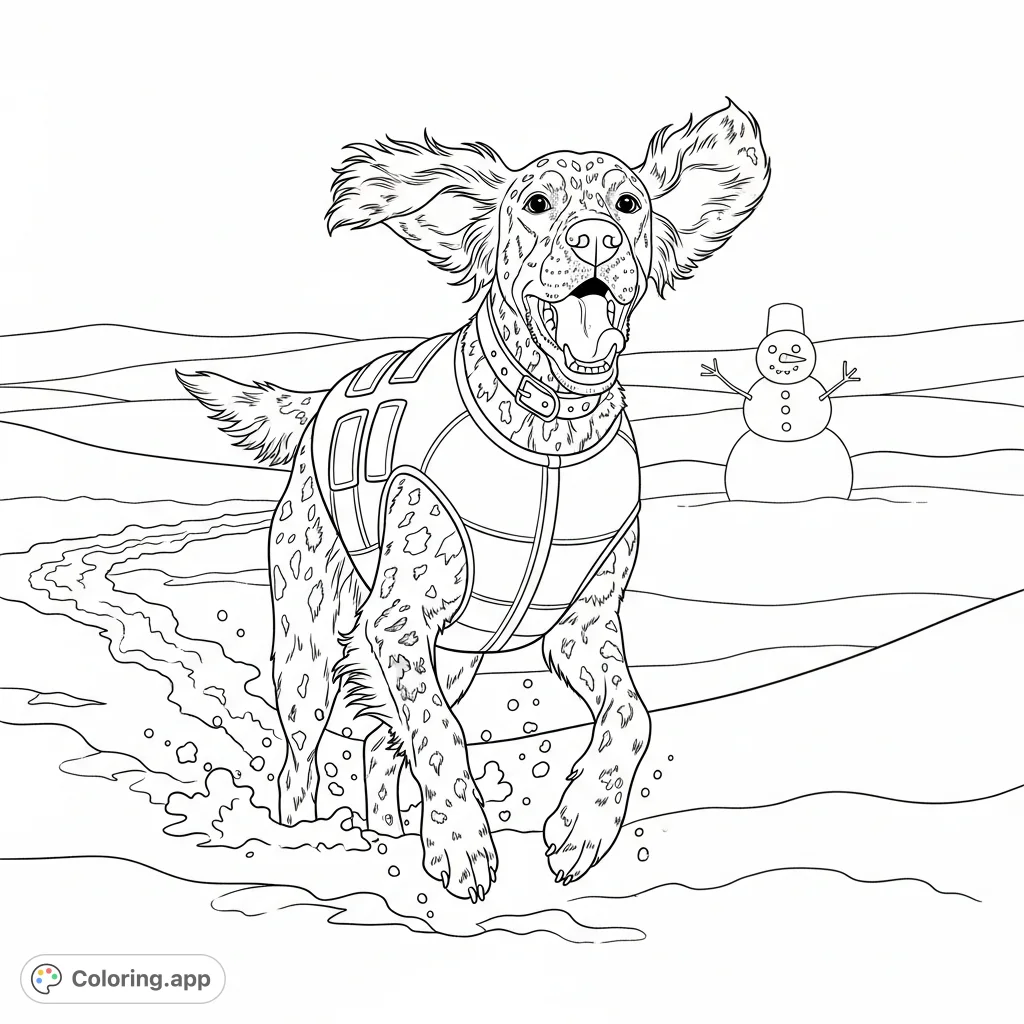 Capture the delight of a speckled dog bounding through a snow-covered landscape. Features floppy ears, a segmented vest, and kicked-up snow.