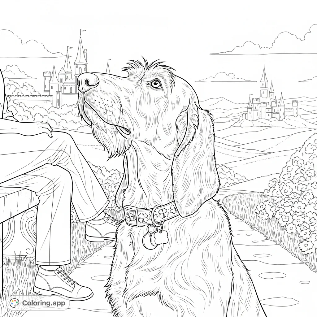 A loyal dog with floppy ears and shaggy fur sits by a garden path, gazing towards majestic, spire-topped castles in a distant, rolling landscape. A person's legs rest on a bench nearby.