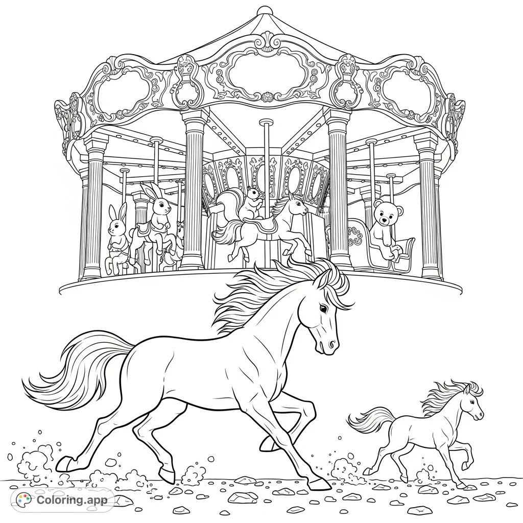 Experience the magic of a vintage carousel with galloping equines and whimsical animals. An intricate design for a captivating coloring journey.