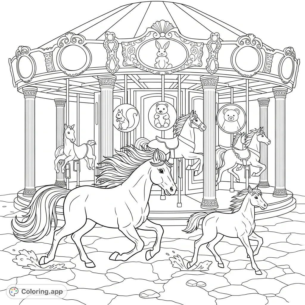 Witness majestic equines galloping with energy before an ornate carousel, while whimsical animal silhouettes spin inside. A dynamic and detailed scene.