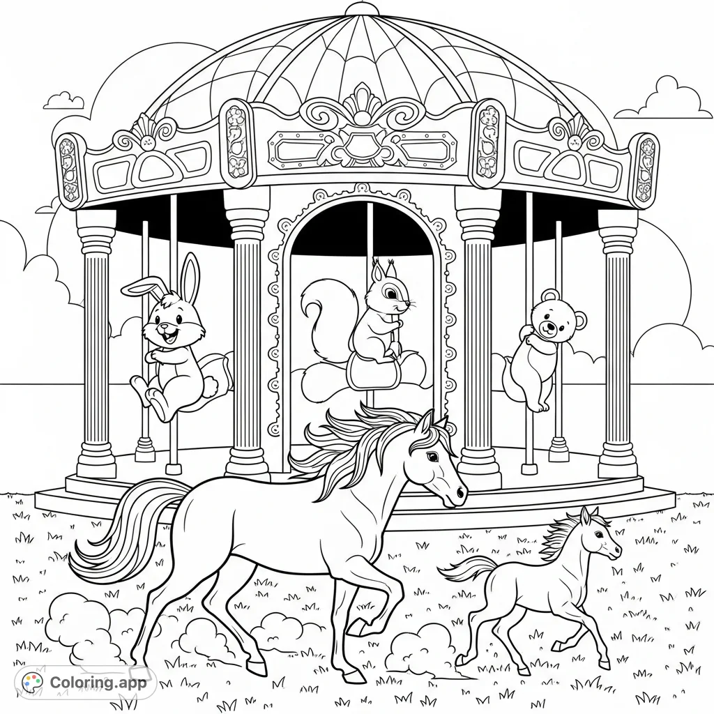 Step into a world of whimsy with this ornate carousel featuring cheerful animals like a rabbit, squirrel, and bear, alongside powerful equines on a textured field.