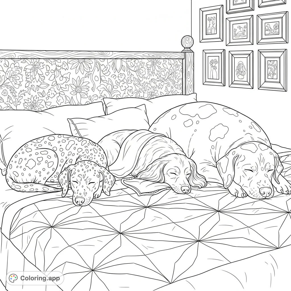 Three adorable dogs slumber peacefully on a patterned quilt, surrounded by soft pillows and an ornate wooden headboard, offering a heartwarming scene for colorists.