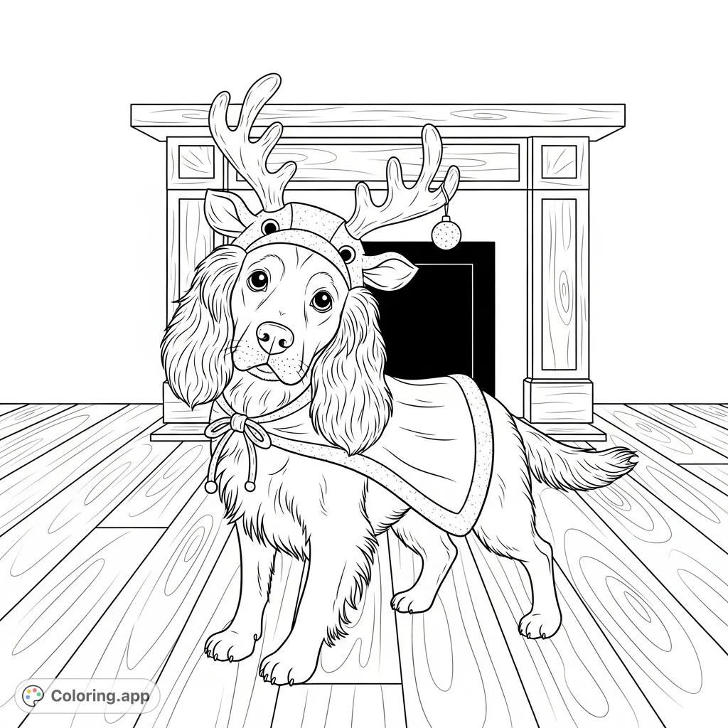 A cheerful spaniel in an adorable reindeer costume, leaning playfully on a wooden floor, with a cozy fireplace in the background. Perfect for holiday coloring fun.
