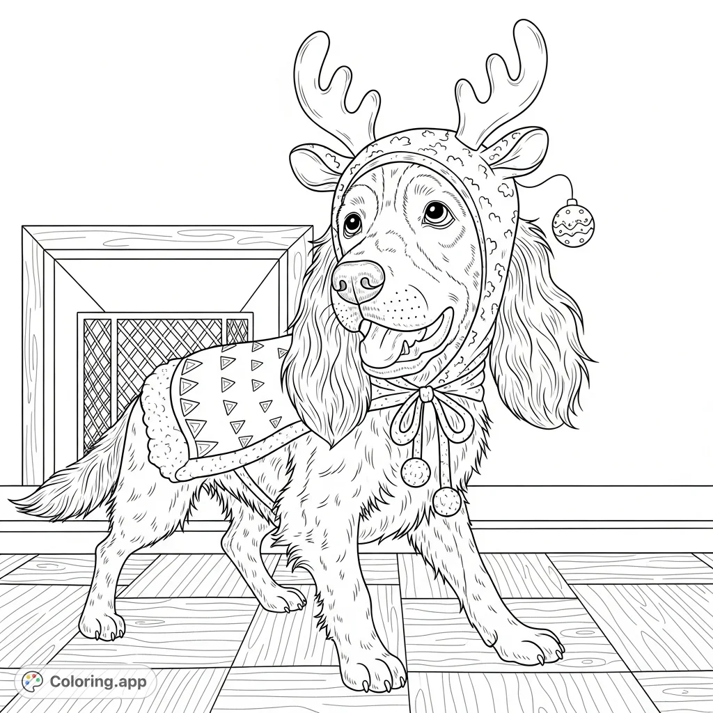 A charming spaniel-like dog in a festive reindeer costume, head cocked playfully on a patterned wooden floor. A delightful and whimsical coloring page.