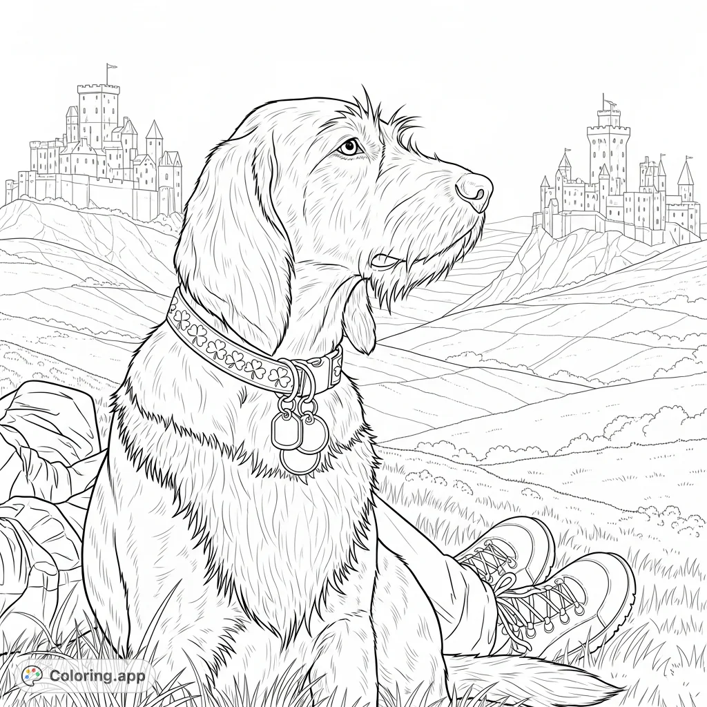 A distinguished dog sits regally on a slope, observing distant medieval castles under a vast sky, perfect for a captivating medieval castles coloring page.
