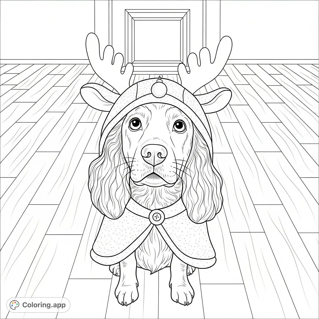 A charming spaniel in a detailed reindeer costume, sitting patiently on a plank floor before a cozy fireplace, perfect for festive coloring fun.