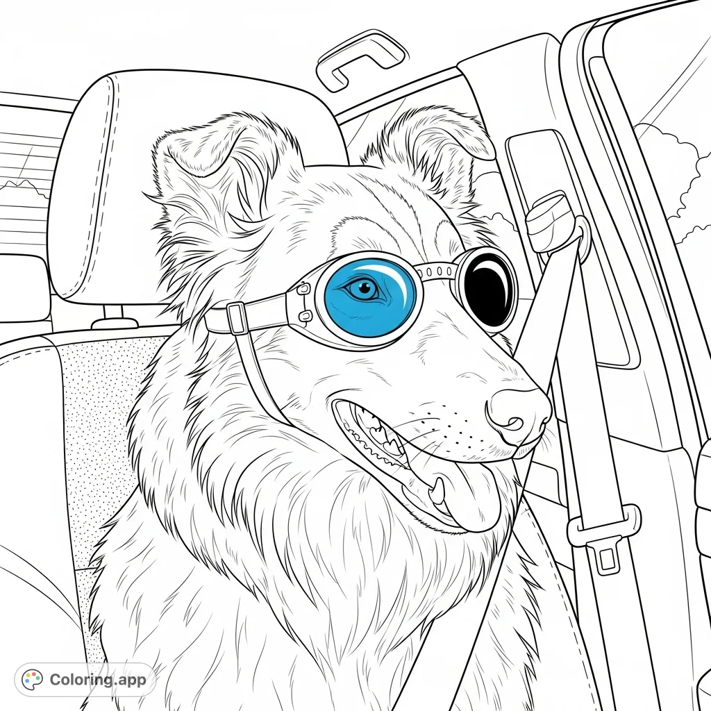 Capture the charm of a fluffy dog in cool sunglasses, sitting attentively in a car. This delightful scene offers fun for all ages to personalize.