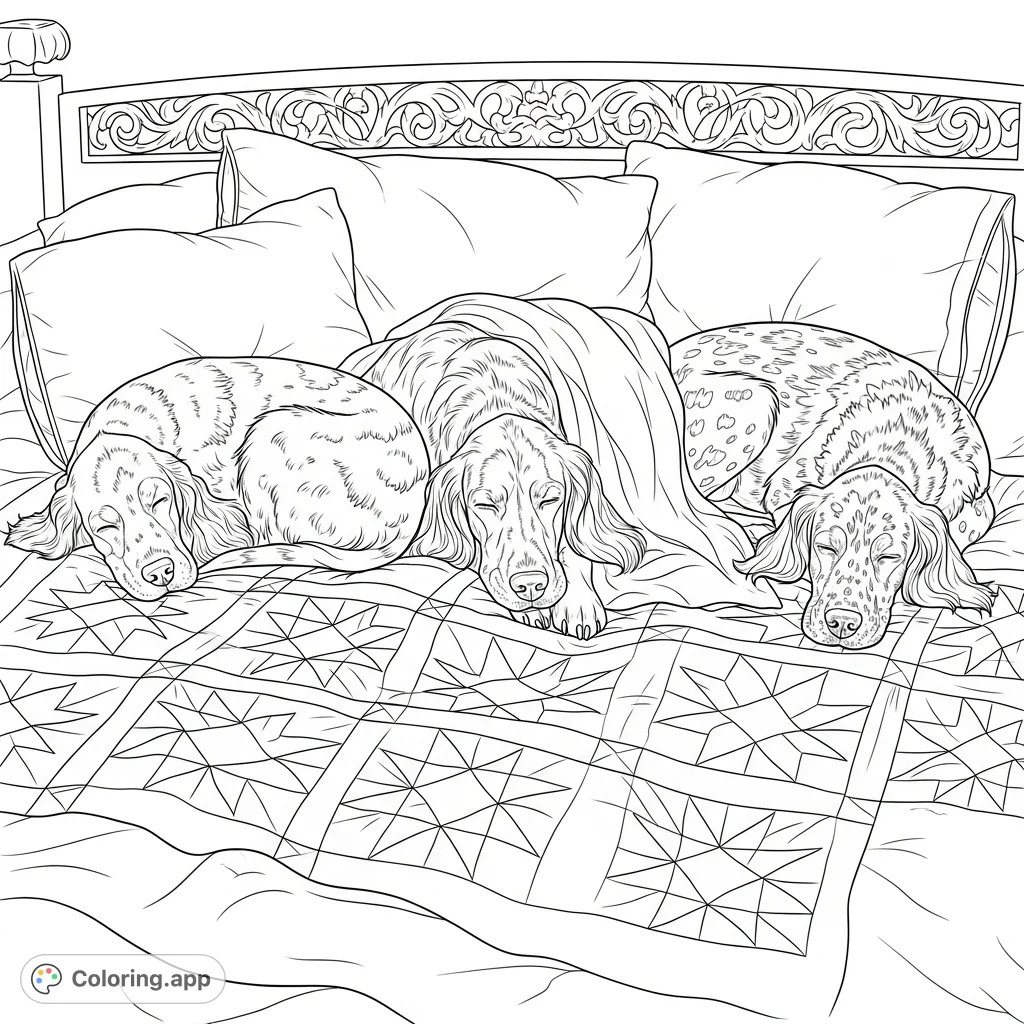 A heartwarming scene featuring three peacefully sleeping dogs nestled on a soft, patterned quilt with intricate star designs, surrounded by plush pillows and a carved headboard.