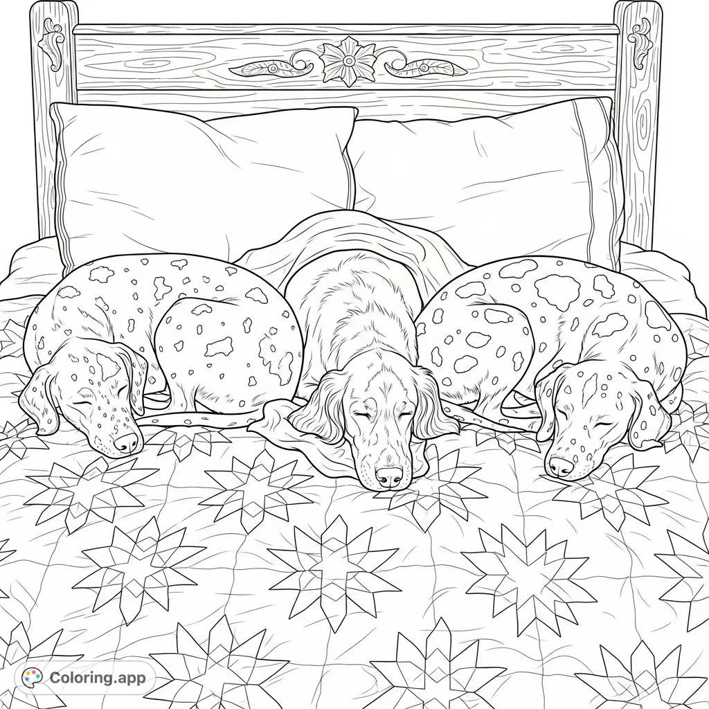 A heartwarming free printable coloring page featuring three peacefully sleeping dogs on an intricately patterned quilt, nestled against plush pillows and a carved headboard.