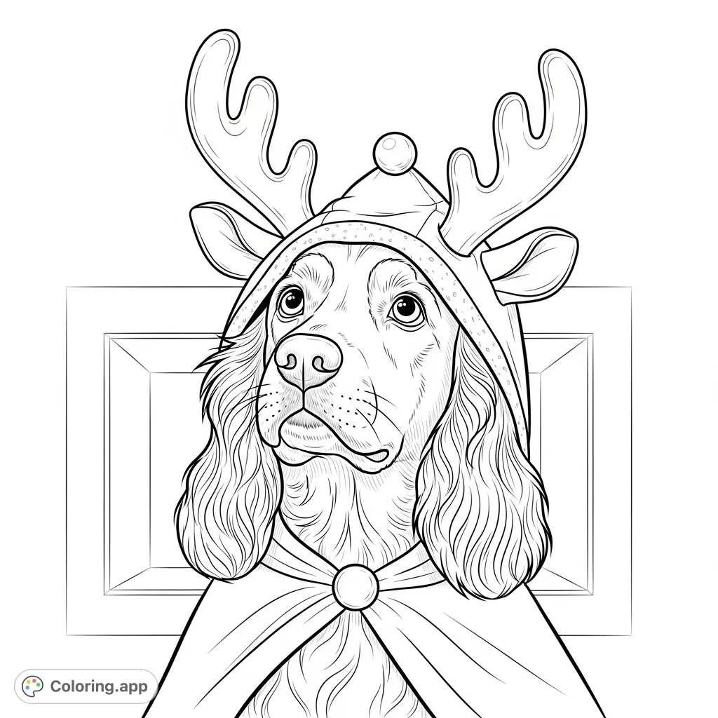 A charming spaniel-like dog dressed in an adorable reindeer costume, complete with antlers and a hood, captured in a delightful close-up. Perfect for holiday coloring fun!