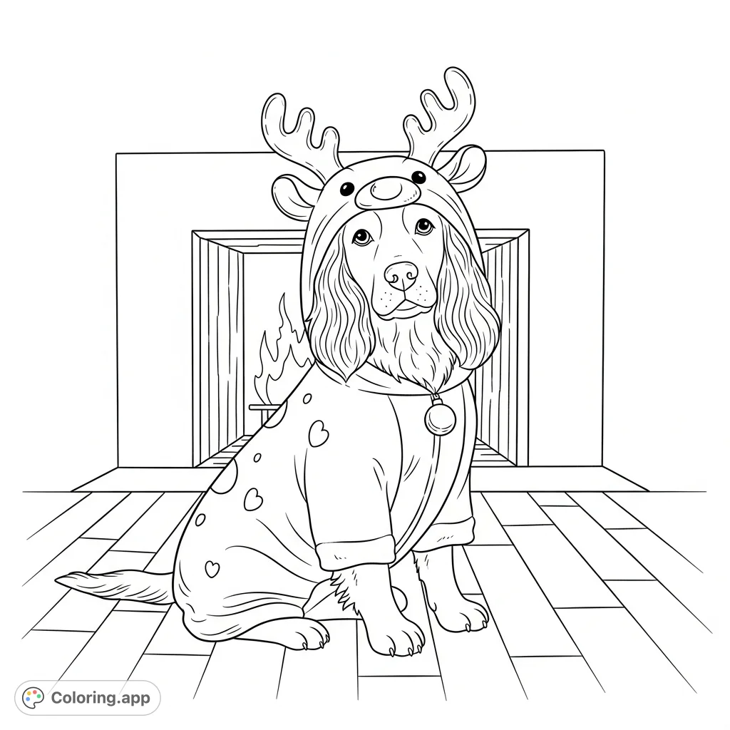 A calm spaniel-like dog wears a textured reindeer costume, framed by a soft fireplace glow and patterned floor planks. A cozy, festive scene.