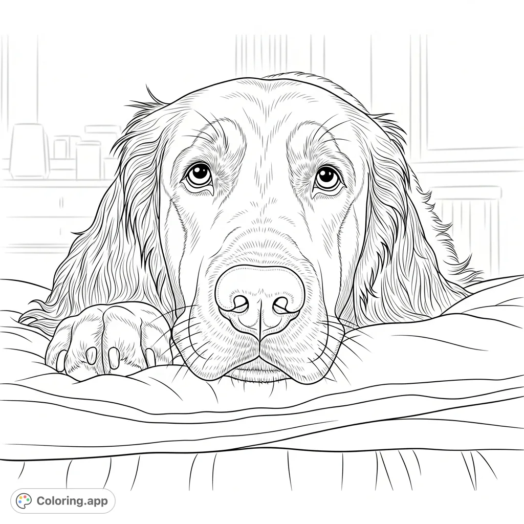 A detailed coloring page featuring a thoughtful domestic canine with dense, wavy fur and long pendulous ears, resting on a textured fabric surface in a cozy room.