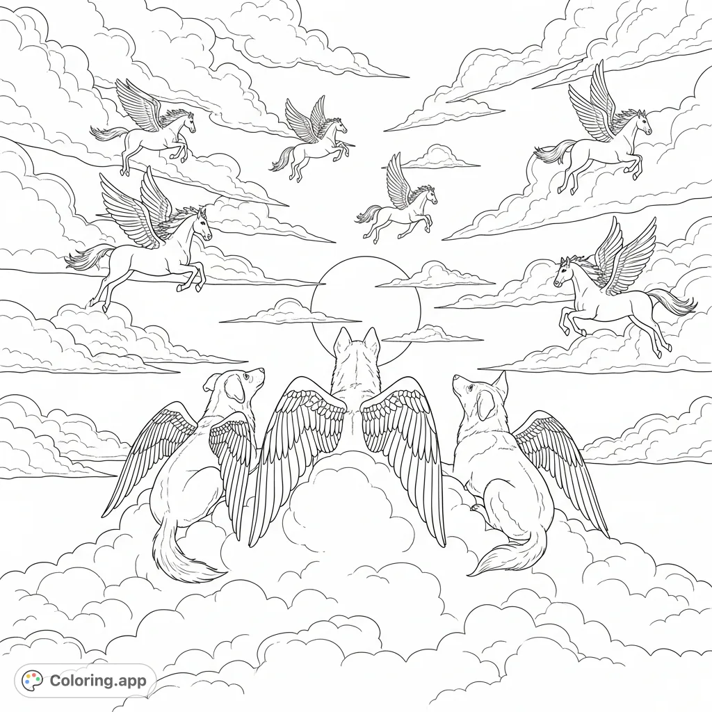 A majestic celestial scene featuring three winged canines resting on a cloud, observing graceful Pegasus horses soaring through a sky illuminated by a prominent celestial body.