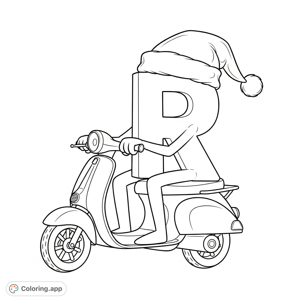 A quirky letter R character, complete with a Santa hat, zips along on a scooter, ready for festive adventures and creative coloring fun. A unique brain rot character coloring page.