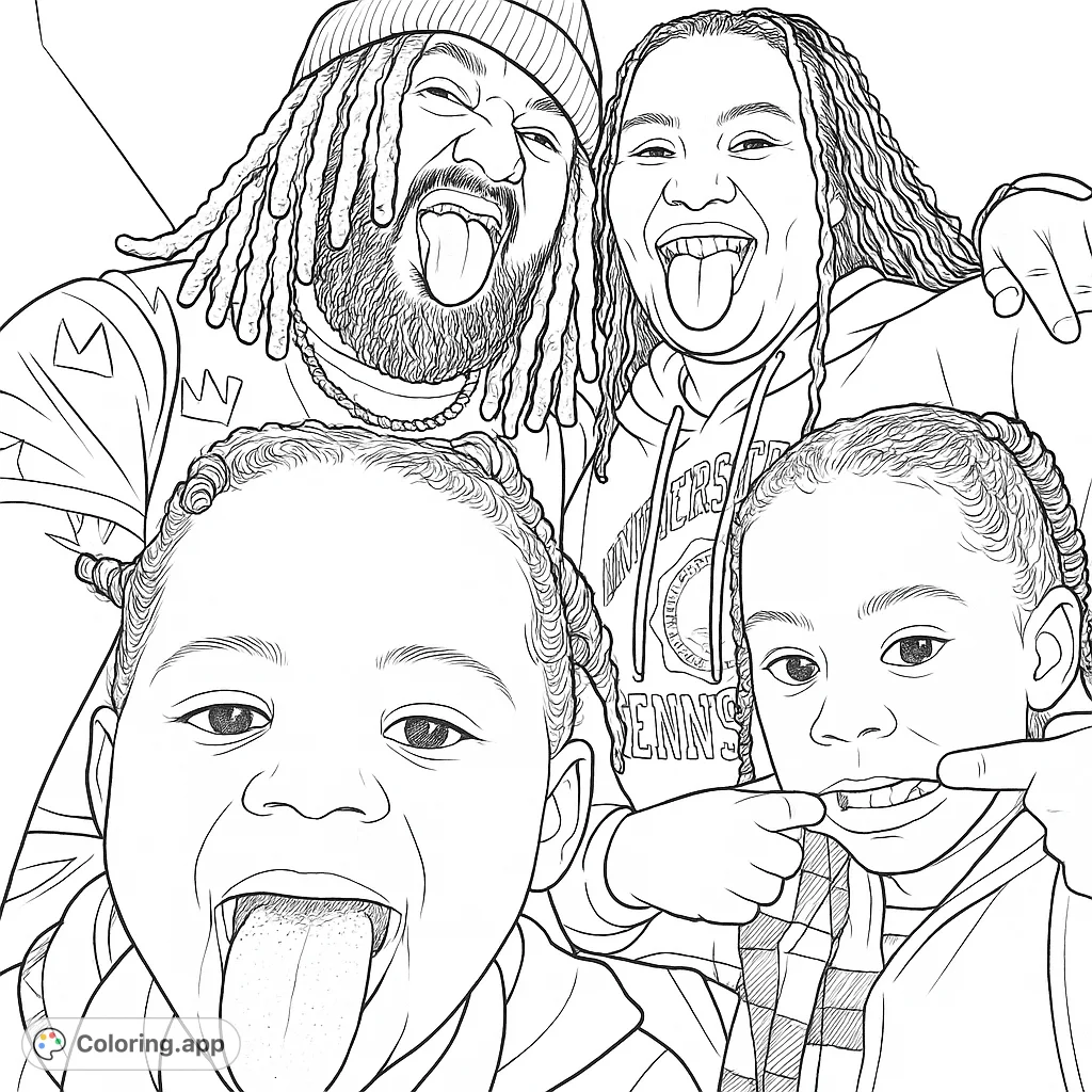 A heartwarming and humorous family portrait captures four individuals making playful faces, perfect for a joyful coloring experience.