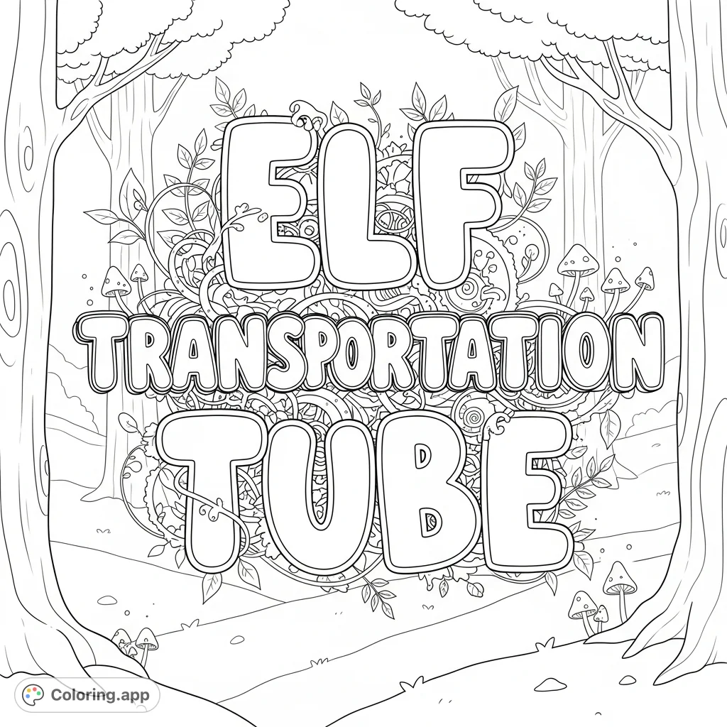 Unleash your creativity with this unique Elf Transportation Tube coloring page, featuring bold, colorable text amidst magical elven forest details.