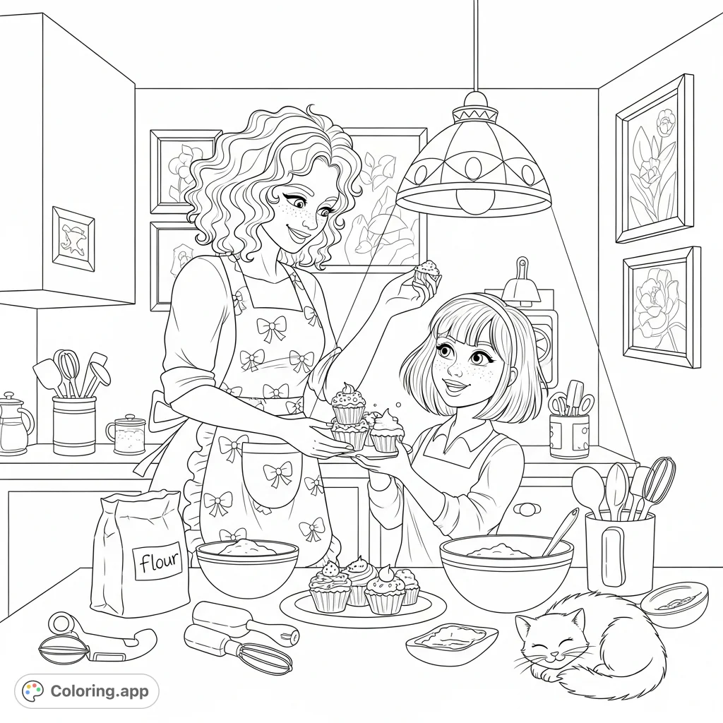 Discover a charming baking scene featuring two women creating cupcakes in a cozy kitchen, complete with a cat, flour, and mixing bowls. Perfect for all ages!