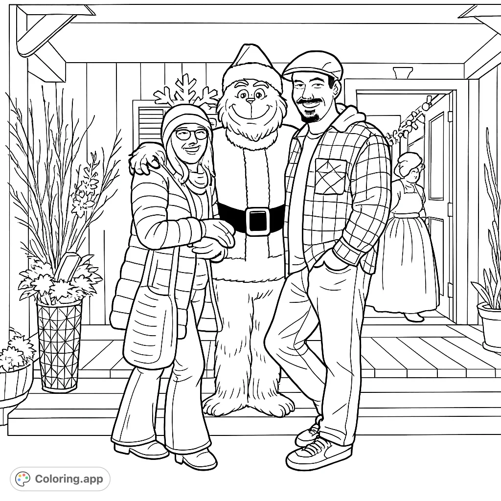 A festive holiday scene featuring a popular furry character in a Santa suit with two friends on a decorated porch, perfect for spreading cheer.