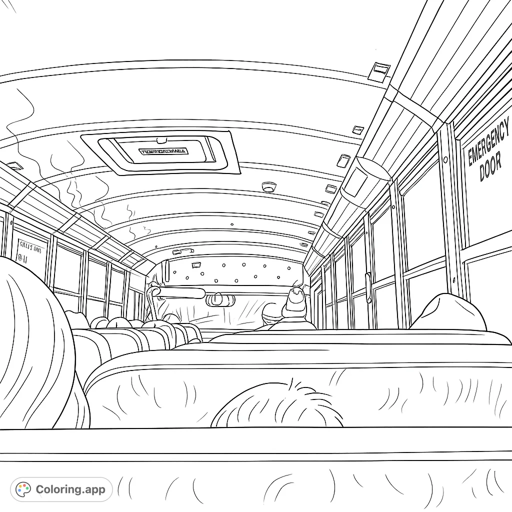 Embark on a detailed bus journey coloring page! Explore rows of seats, passengers, and window views for a relaxing, travel-themed coloring experience.
