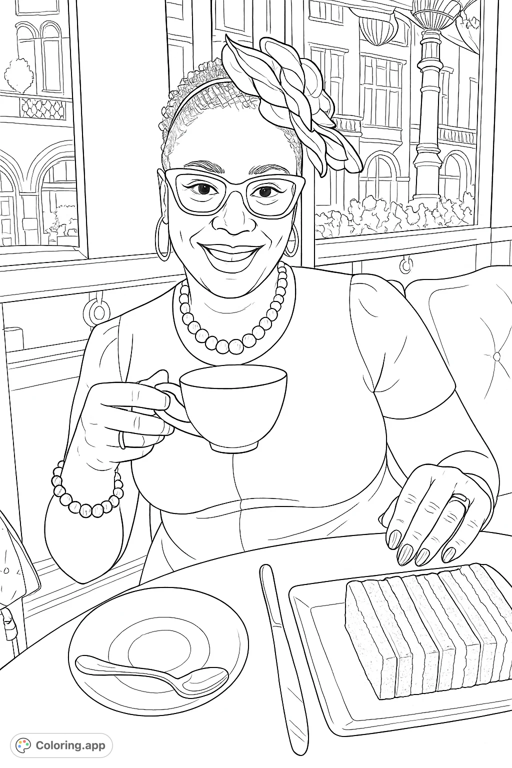 An elegant woman enjoys afternoon tea in a refined urban setting, complete with delicate teaware, stacked sandwiches, and sophisticated architectural views.