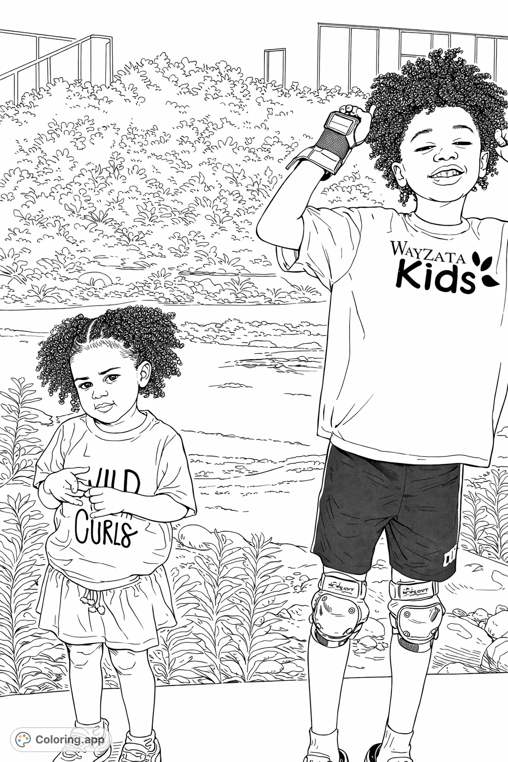 Capture a heartwarming scene of two children enjoying an outdoor moment, ready for play. Features a boy in protective gear and a girl with charming curly hair.