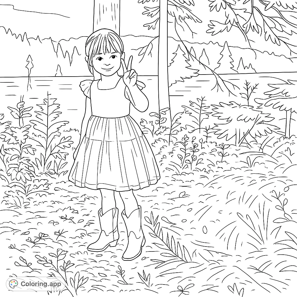 A happy child in a layered dress and cowboy boots makes a peace sign by a serene lake, surrounded by nature. A delightful outdoor adventure coloring page.