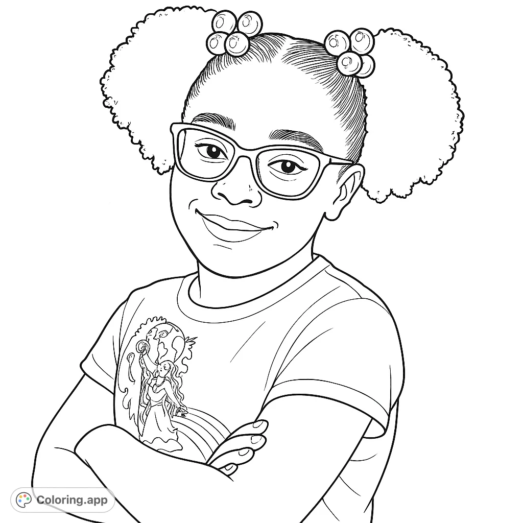 A delightful coloring page featuring a smiling girl with two large hair puffs adorned with spherical accessories, wearing glasses and a unique graphic t-shirt.