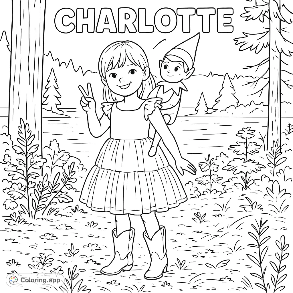 A personalized Charlotte coloring page featuring a cheerful child with an Elf on the Shelf, enjoying a peaceful lake and forest scene. Perfect for kids!