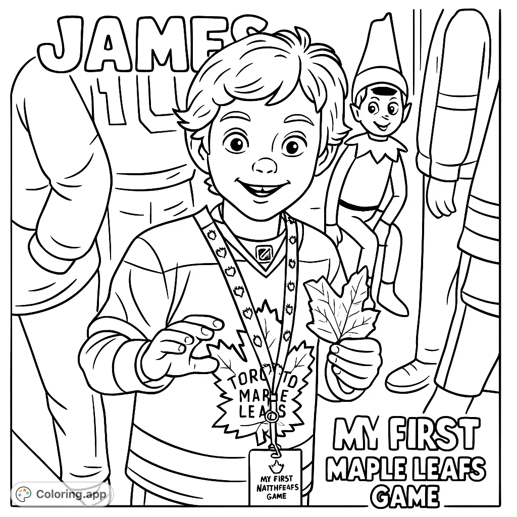 An exciting hockey fan coloring page featuring James in his jersey with an elf, personalized with his name and a special badge. Fun for sports enthusiasts!
