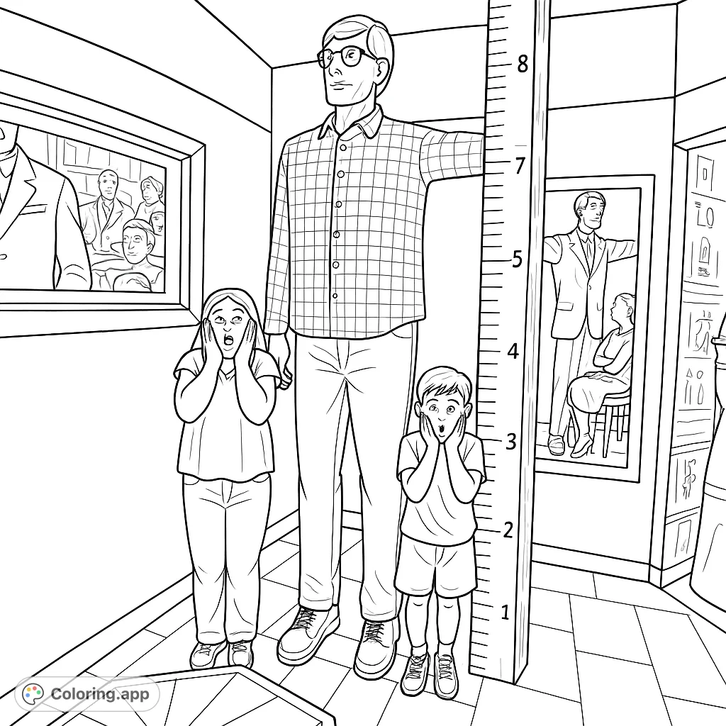 A captivating giant figure coloring page featuring two surprised children, an immense ruler, and unique framed artwork in a whimsical setting.